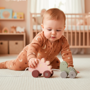 Brinquedo de puxar em madeira da Bieco com dinossauro mãe e filhote. Ideal para incentivar os primeiros passos e desenvolver a coordenação.