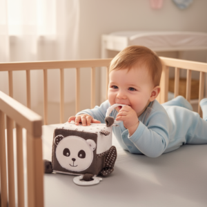 Cubo de atividades para bebé desde o nascimento. Macio, sensorial e com mordedor, ideal para estimular sentidos e acompanhar o bebé em casa ou em viagem.