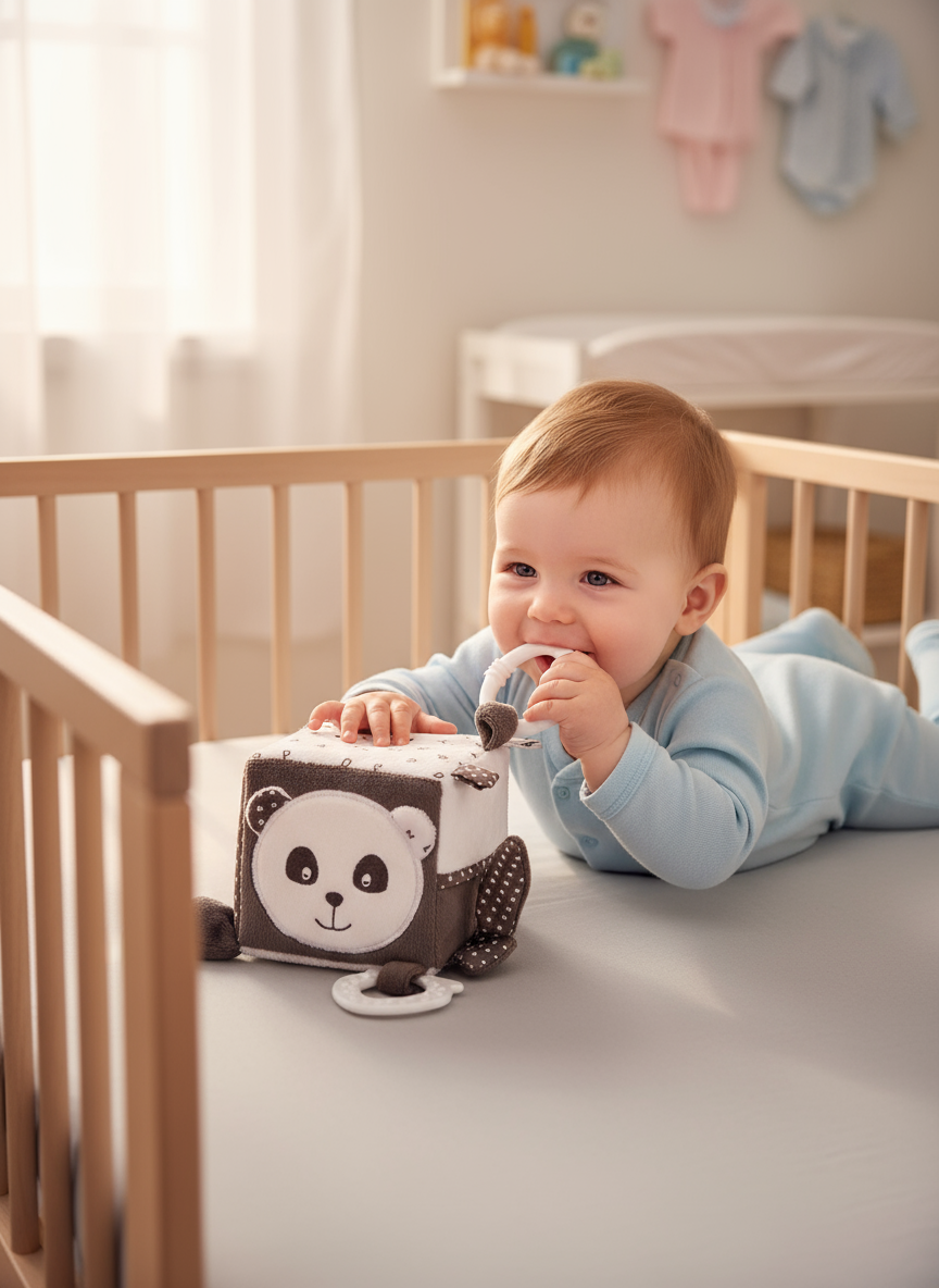 Activity cube for babies from birth. Soft, sensory and with a teether, ideal for stimulating the senses and accompanying baby at home or on the move.