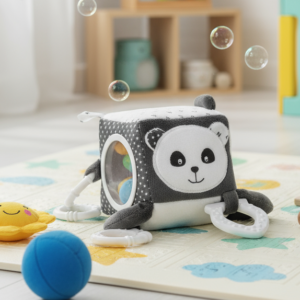 Cubo de atividades para bebé desde o nascimento. Macio, sensorial e com mordedor, ideal para estimular sentidos e acompanhar o bebé em casa ou em viagem.