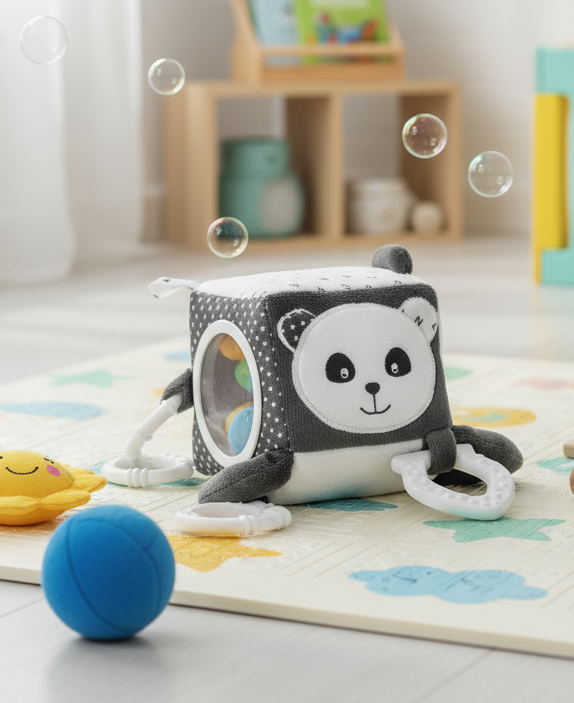 Activity cube for babies from birth. Soft, sensory and with a teether, ideal for stimulating the senses and accompanying baby at home or on the move.