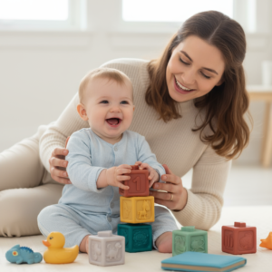 blocos de construção em silicone para desenvolvimento motor e cognitivo em bebés, brinquedo em silicone