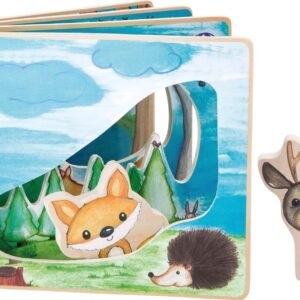 Interactive FSC® wooden book with forest animals. Stimulates imagination, fine motor skills and storytelling through illustrations and wooden pieces.