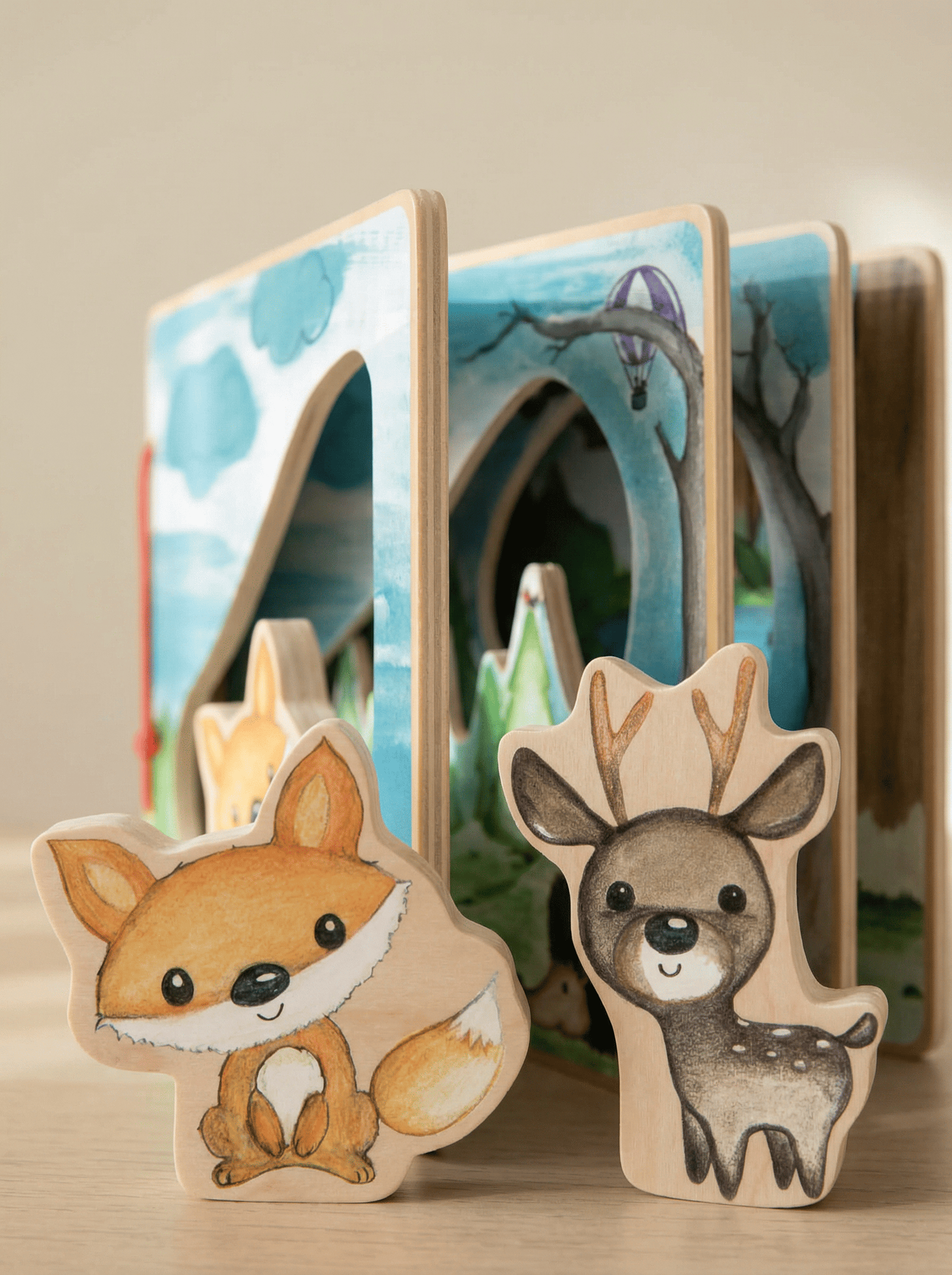 Livro interativo em madeira FSC® com animais da floresta. Estimula imaginação, motricidade fina e storytelling através de ilustrações e peças em madeira.