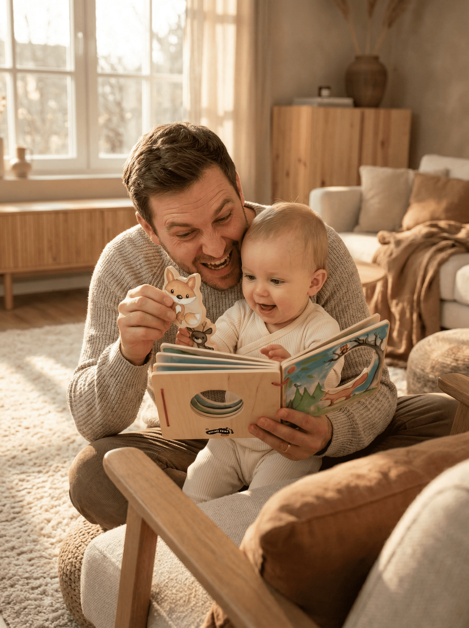 Livro interativo em madeira FSC® com animais da floresta. Estimula imaginação, motricidade fina e storytelling através de ilustrações e peças em madeira.