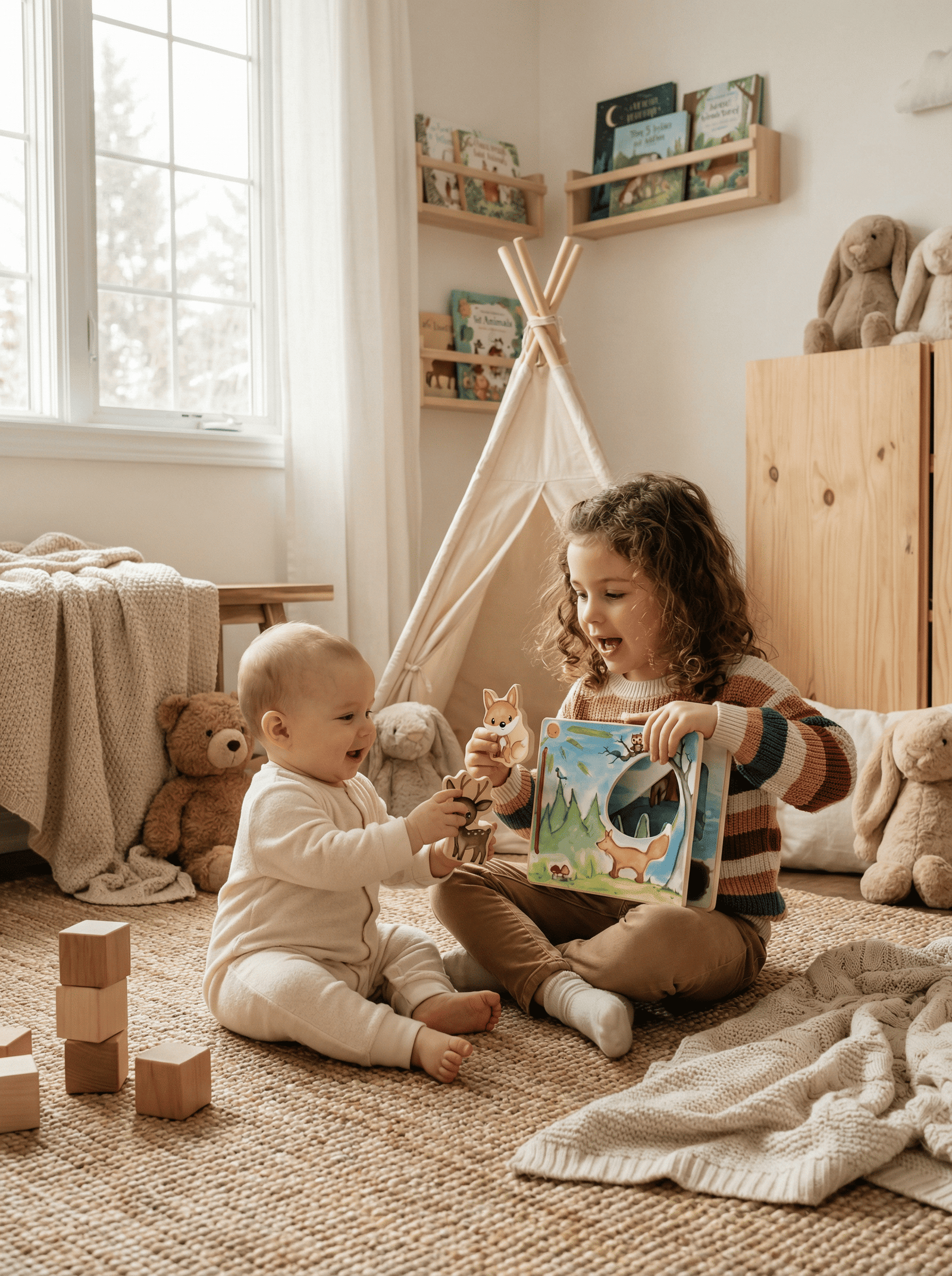 Livro interativo em madeira FSC® com animais da floresta. Estimula imaginação, motricidade fina e storytelling através de ilustrações e peças em madeira.