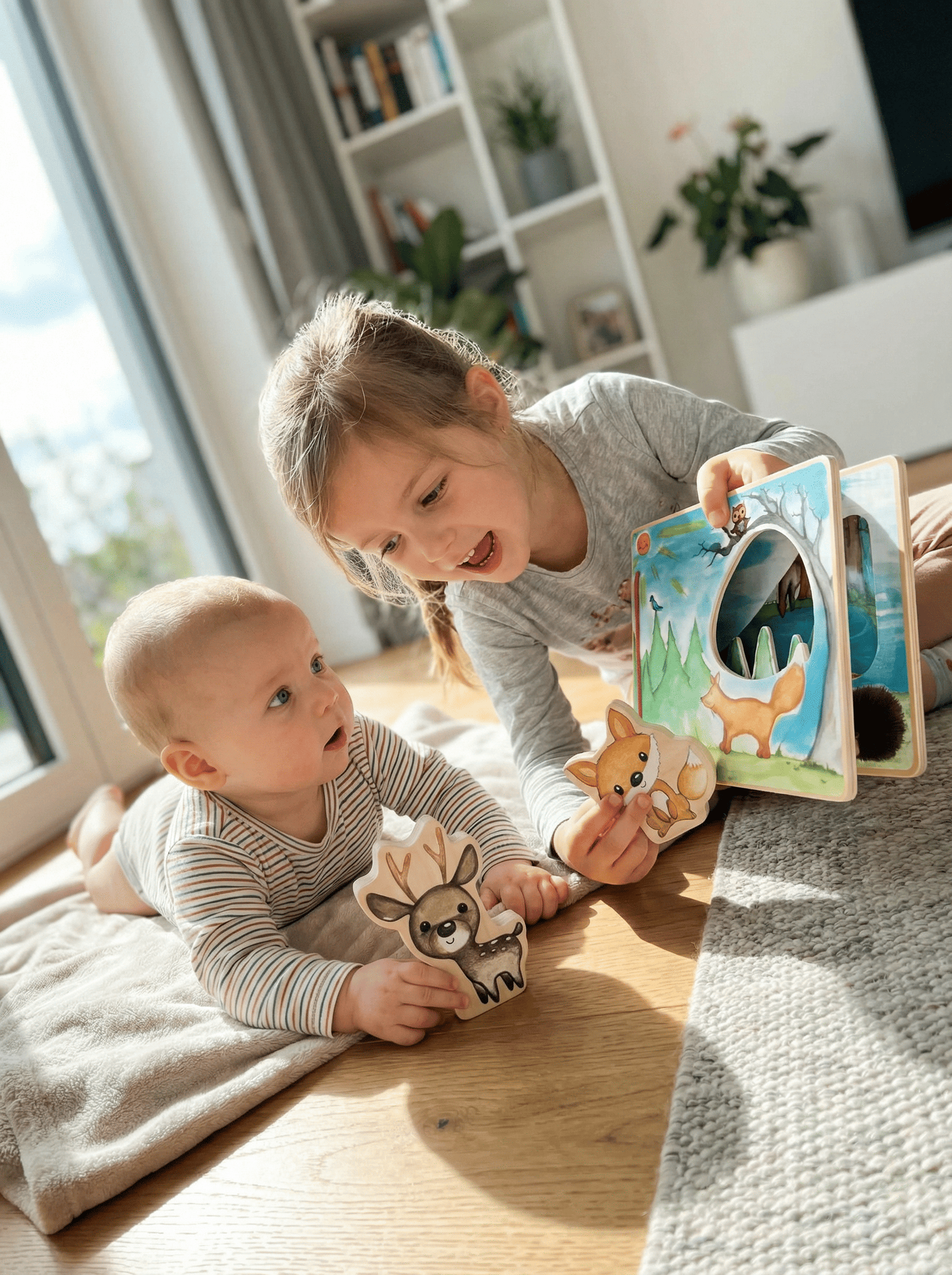 Livro interativo em madeira FSC® com animais da floresta. Estimula imaginação, motricidade fina e storytelling através de ilustrações e peças em madeira.