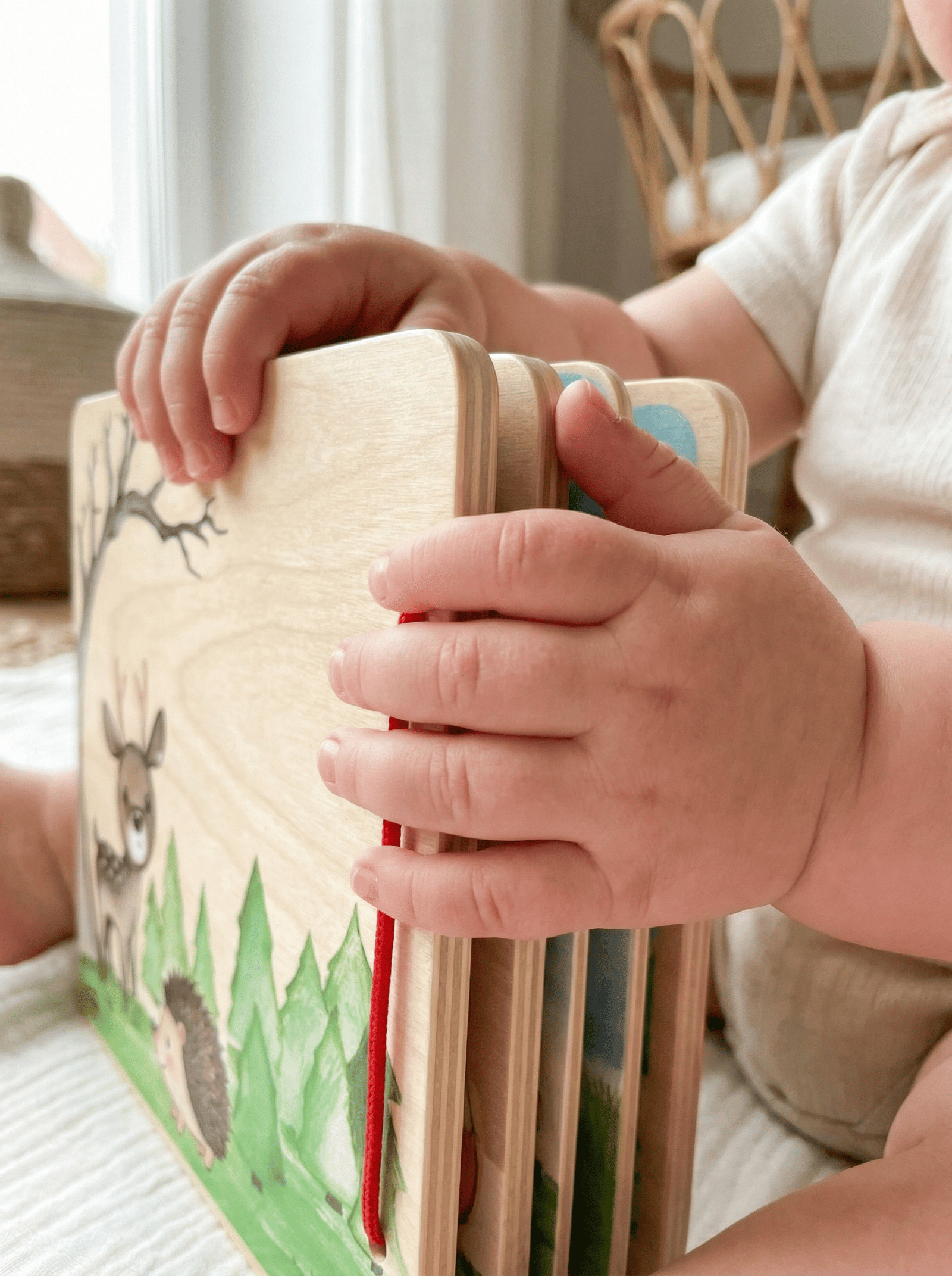 Livro interativo em madeira FSC® com animais da floresta. Estimula imaginação, motricidade fina e storytelling através de ilustrações e peças em madeira.