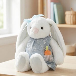 Hedda é uma coelhinha de peluche suave e amorosa, com vestido removível. O presente perfeito para crianças, batizados e momentos especiais.