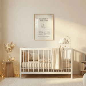 Poster personalizado A3 com mapa astral do bebé. Inclui nome, data, hora e local de nascimento. Presente único e cheio de significado.