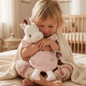 Plush baby puppet that glows in the dark. Soft, comforting, and with a pacifier loop. Ideal from birth.