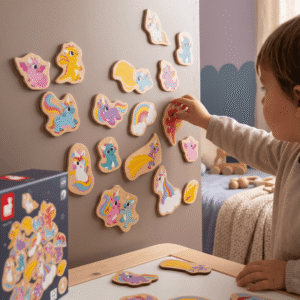 Conjunto de 24 imanes magnéticos de dragones y unicornios en madera FSC®. Juguete educativo que estimula la imaginación y la motricidad.
