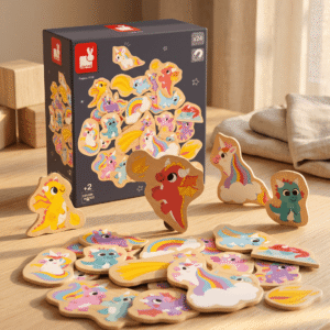Conjunto de 24 imanes magnéticos de dragones y unicornios en madera FSC®. Juguete educativo que estimula la imaginación y la motricidad.