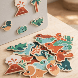 Set de 24 imanes de dinosaurios de madera FSC®. Juguete educativo que estimula la imaginación, la motricidad y el juego creativo.