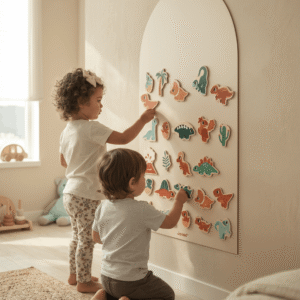 Set de 24 imanes de dinosaurios de madera FSC®. Juguete educativo que estimula la imaginación, la motricidad y el juego creativo.
