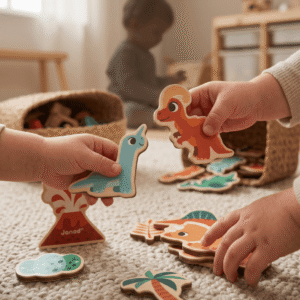 Set of 24 FSC® certified wooden dinosaur magnets. Educational toy that stimulates imagination, motor skills, and creative play.