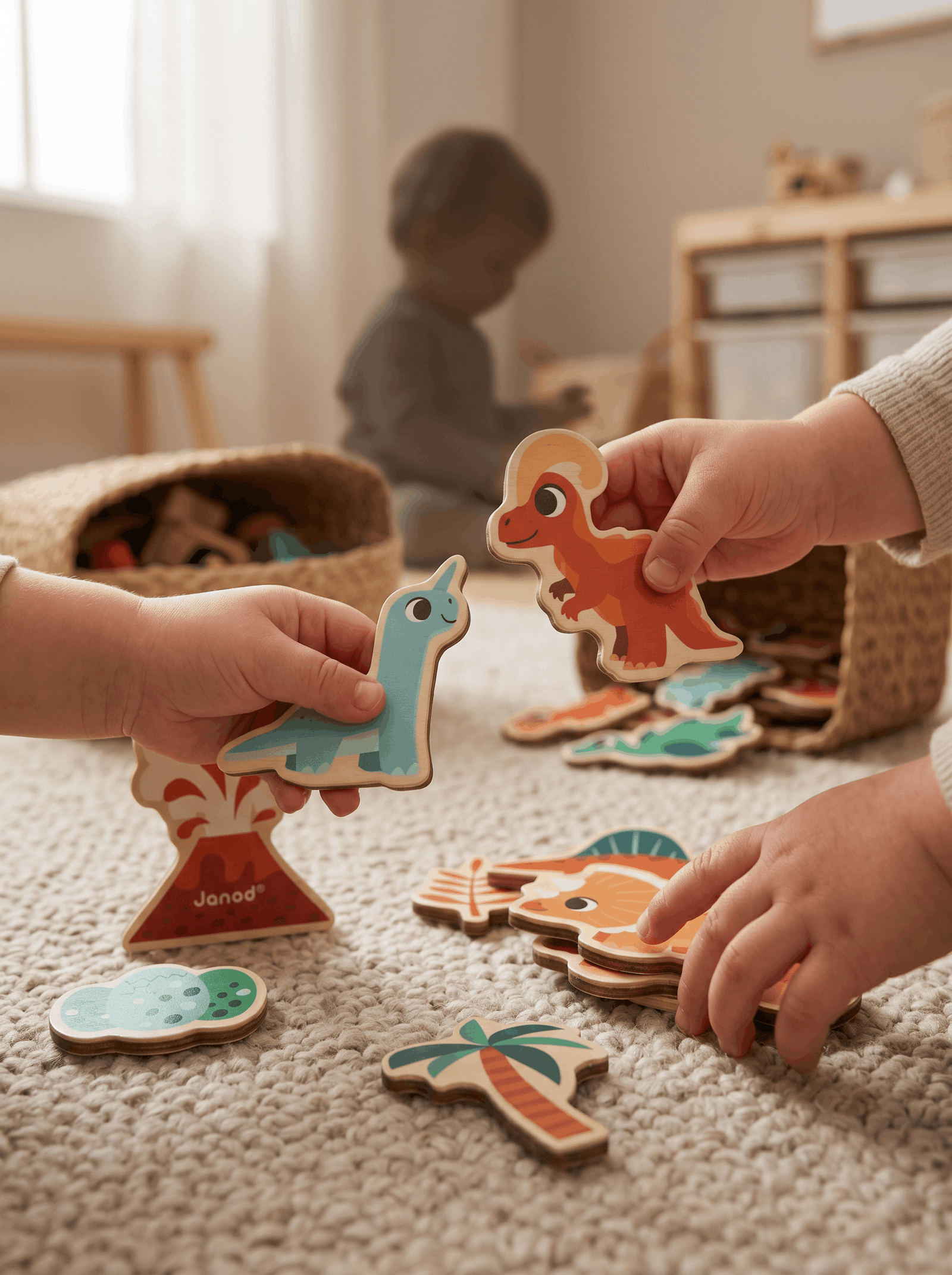 Set of 24 FSC® certified wooden dinosaur magnets. Educational toy that stimulates imagination, motor skills, and creative play.