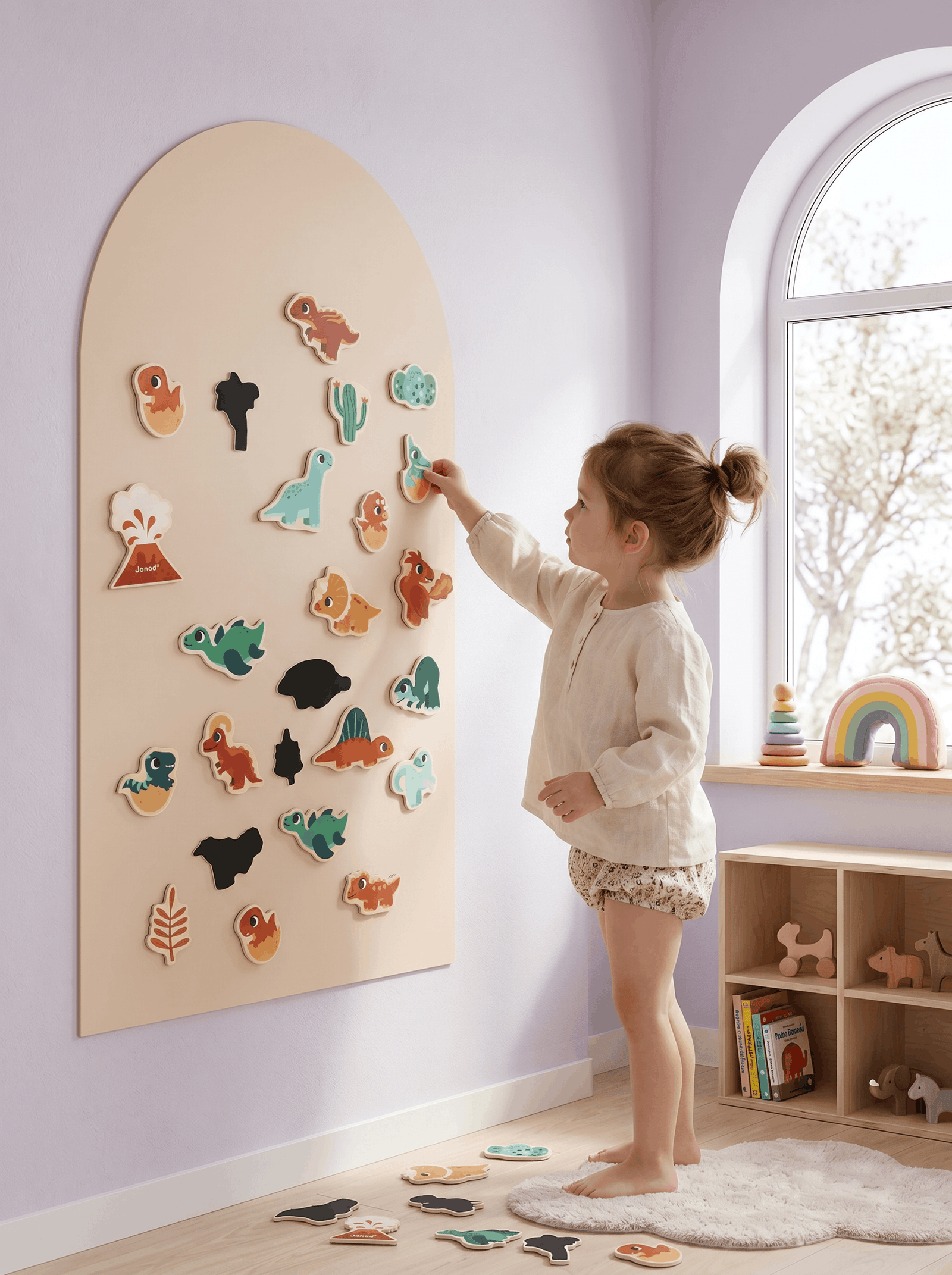 Set of 24 FSC® certified wooden dinosaur magnets. Educational toy that stimulates imagination, motor skills, and creative play.