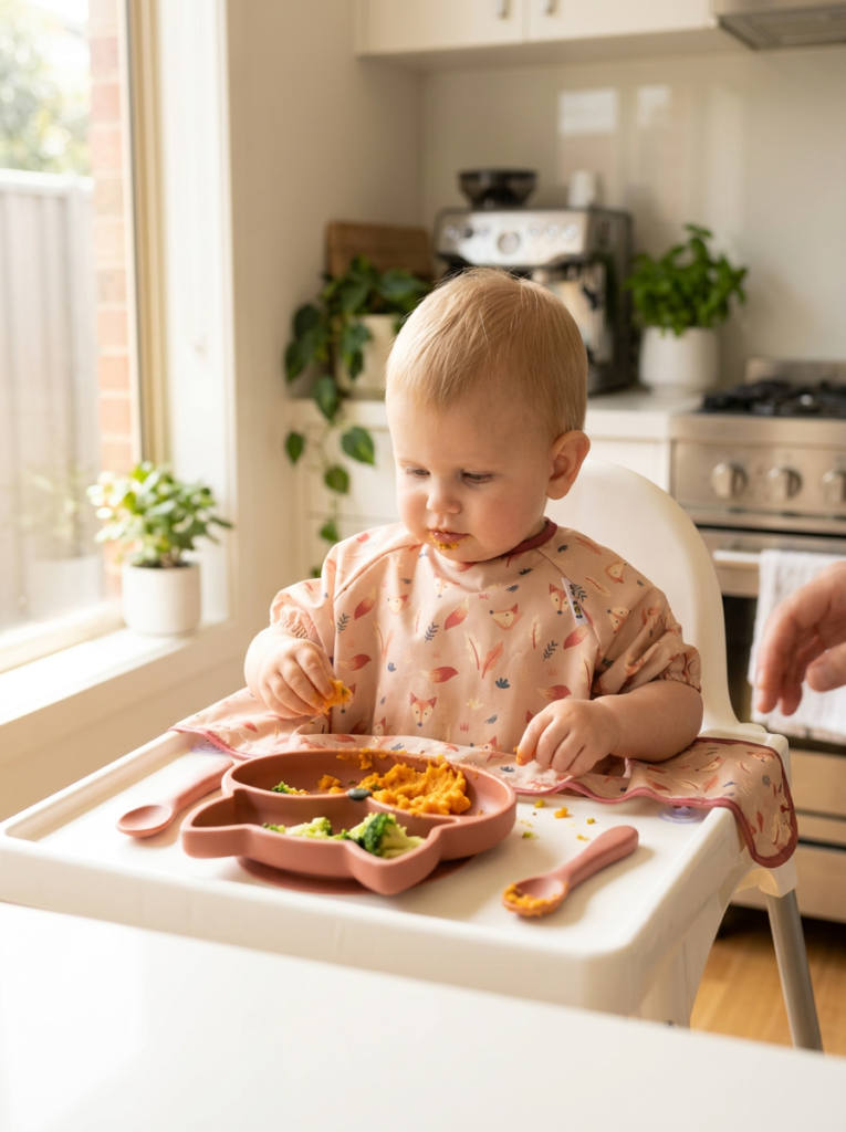 Kit Ultimate Baby Led Weaning Tidy Tot com 3 babetes integrais, tabuleiro sensorial e colher de silicone. Ideal para BLW, reduz desperdício alimentar e facilita a limpeza.