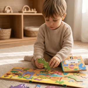 Libro magnético de dinosaurios con 30 imanes para crear historias y escenarios. Ideal para estimular la creatividad y el juego sin pantallas.