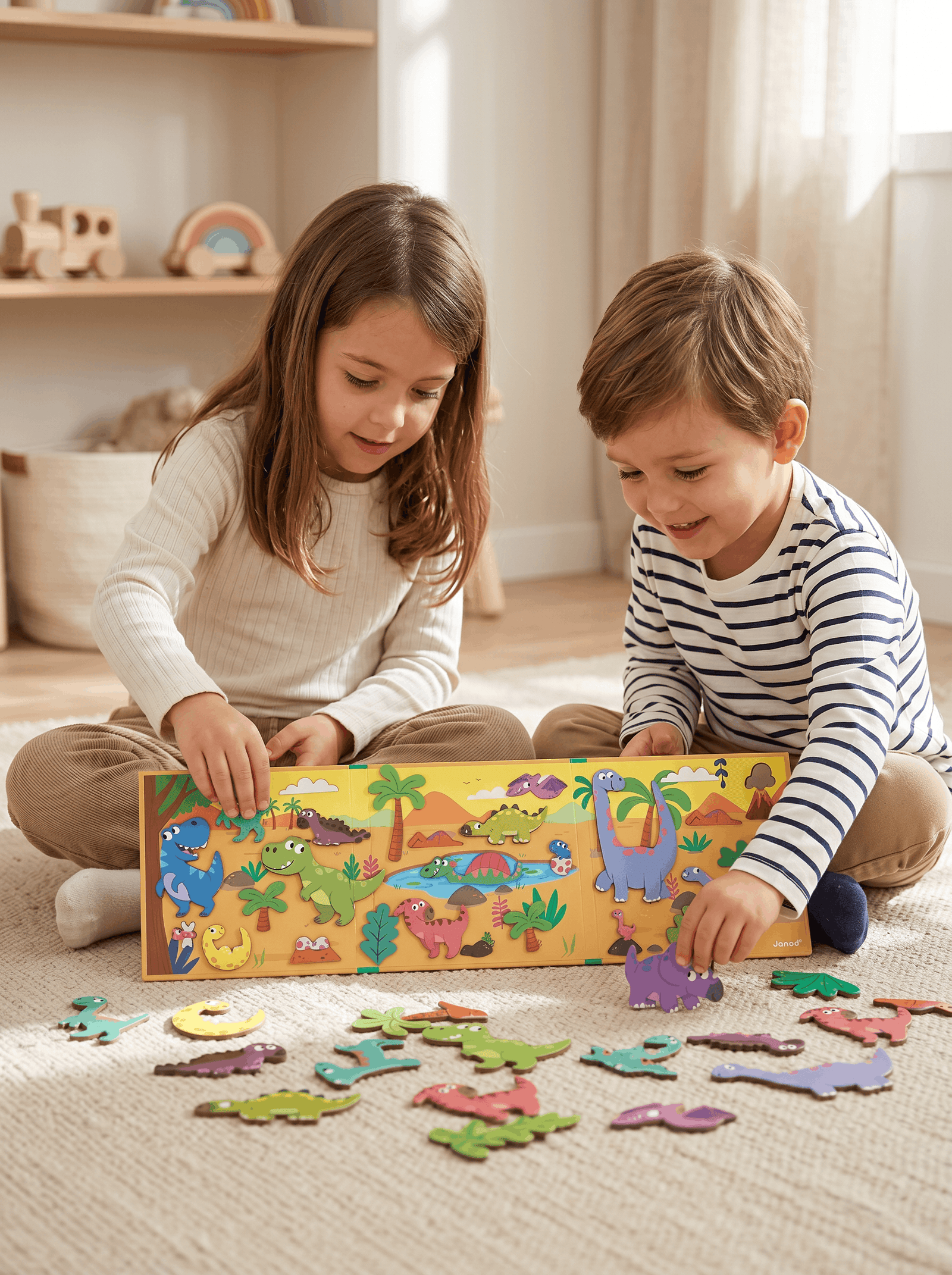 Livro magnético de dinossauros com 30 ímanes para criar histórias e cenários. Ideal para estimular criatividade e brincadeira sem ecrãs.
