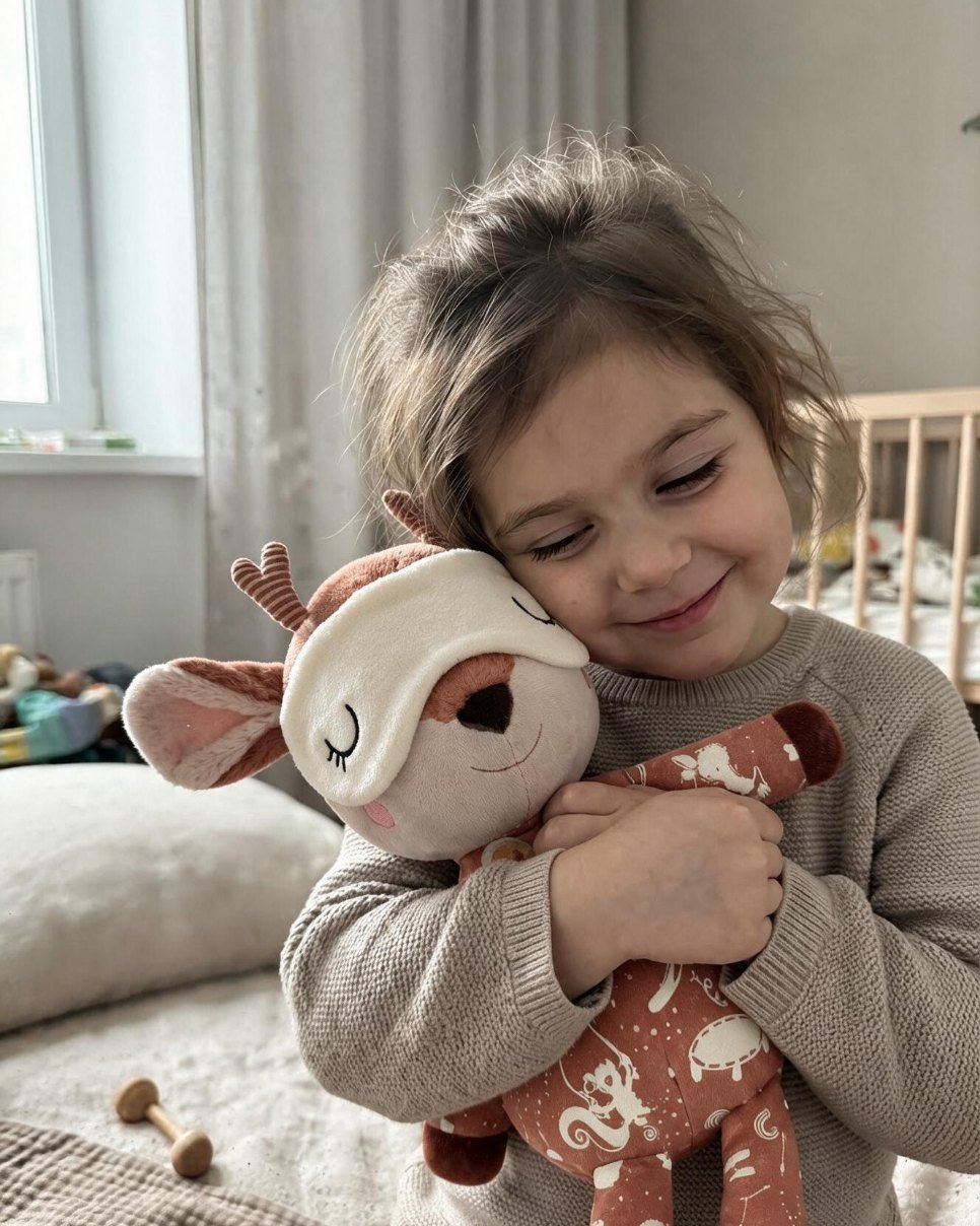 Menina a abraçar o peluche veado que brilha no escuro