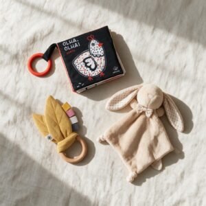 Bundle Primeiros Meses: livro de tecido de alto contraste, mordedor sensorial folhas e doudou coelho