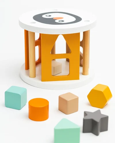 Caixa de Encaixe de Formas “Pinguim” em Madeira_3x