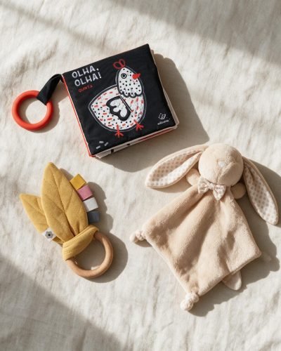 Bundle Primeiros Meses: livro de tecido de alto contraste, mordedor sensorial folhas e doudou coelho