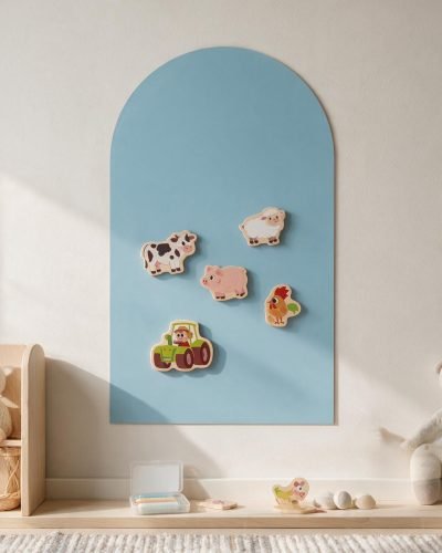 Bundle Quadro Completo: quadro magnético colado na parede com ímanes de madeira e gizes de cera