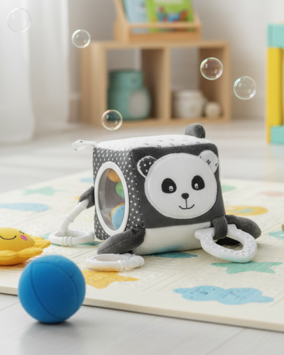 Cubo de atividades para bebé desde o nascimento. Macio, sensorial e com mordedor, ideal para estimular sentidos e acompanhar o bebé em casa ou em viagem.