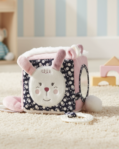 Activity cube for babies from birth. Soft, sensory, with a teether and ideal for traveling. Stimulates the senses in complete safety.