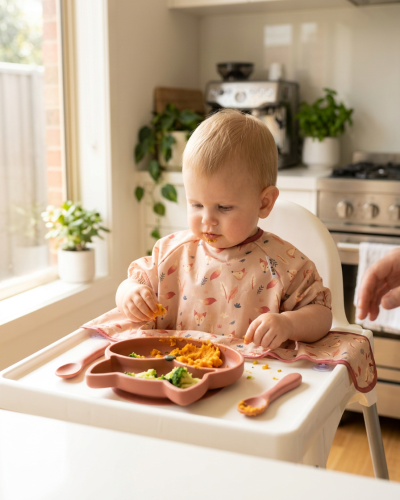 Kit Ultimate Baby Led Weaning Tidy Tot com 3 babetes integrais, tabuleiro sensorial e colher de silicone. Ideal para BLW, reduz desperdício alimentar e facilita a limpeza.