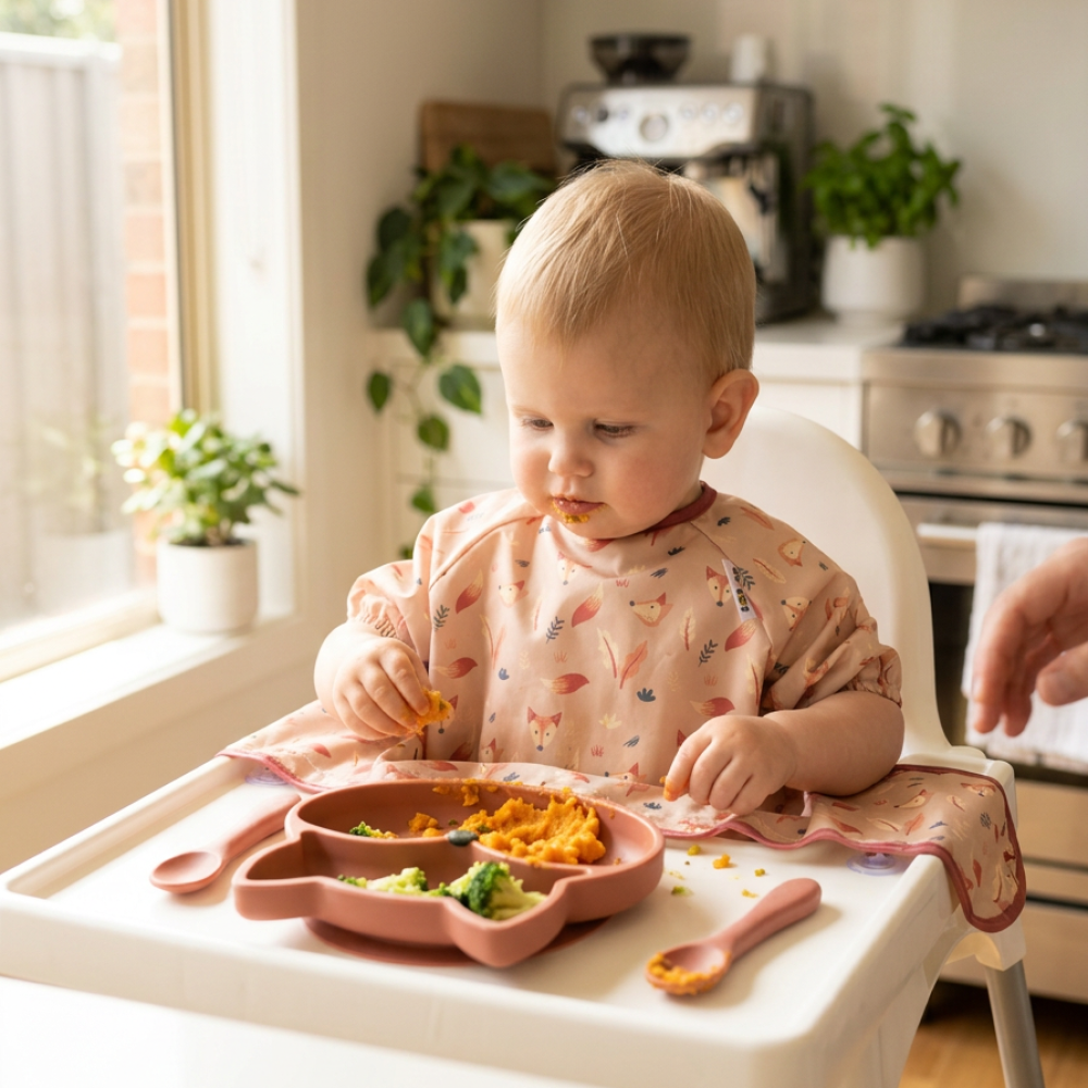 Kit Ultimate Baby Led Weaning Tidy Tot com 3 babetes integrais, tabuleiro sensorial e colher de silicone. Ideal para BLW, reduz desperdício alimentar e facilita a limpeza.