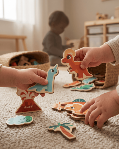 Set of 24 FSC® certified wooden dinosaur magnets. Educational toy that stimulates imagination, motor skills, and creative play.