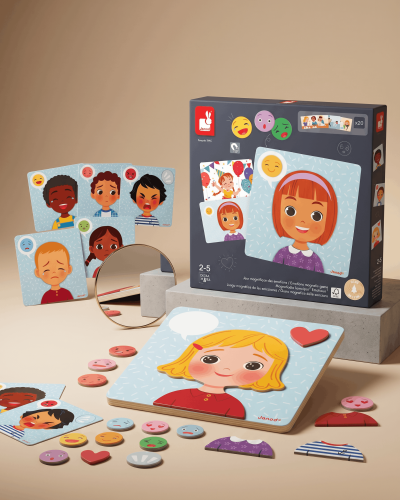 Jogo magnético educativo para aprender emoções. Inclui ímanes, cartões ilustrados e espelho para desenvolver inteligência emocional e empatia.